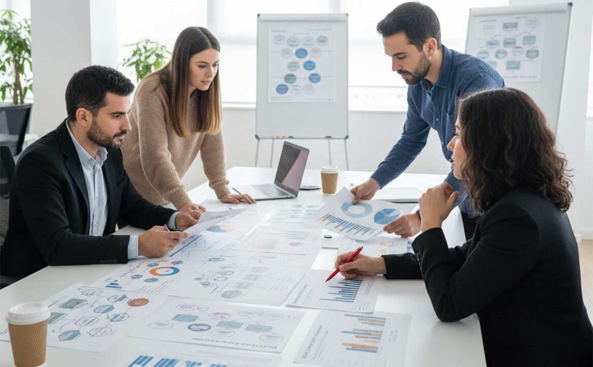 Equipo de profesionales reunidos alrededor de una mesa analizando gráficos, informes y métricas de rendimiento para planificar una estrategia de marketing.