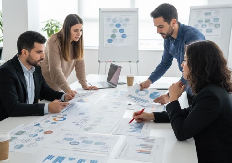 Equipo de profesionales reunidos alrededor de una mesa analizando gráficos, informes y métricas de rendimiento para planificar una estrategia de marketing.